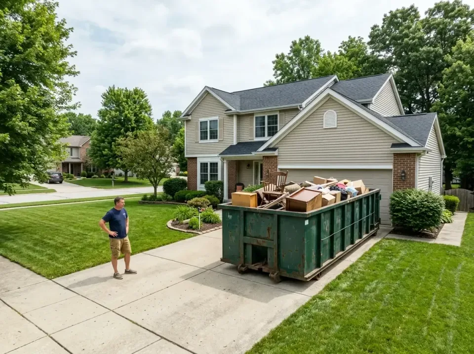 roll-off Dumpster — Residential Driveway — roll-off Dumpster, Man, Residential House, Residential Driveway, Commercial Dumps…